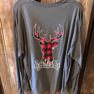 Gray Long Sleeve Tee with Red Plaid Deer
